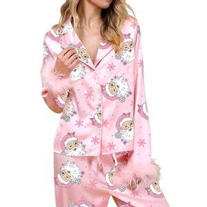 Holiday Christmas Santa Print Satin Pajama Set Small Pink Feathered Hem Lounge
